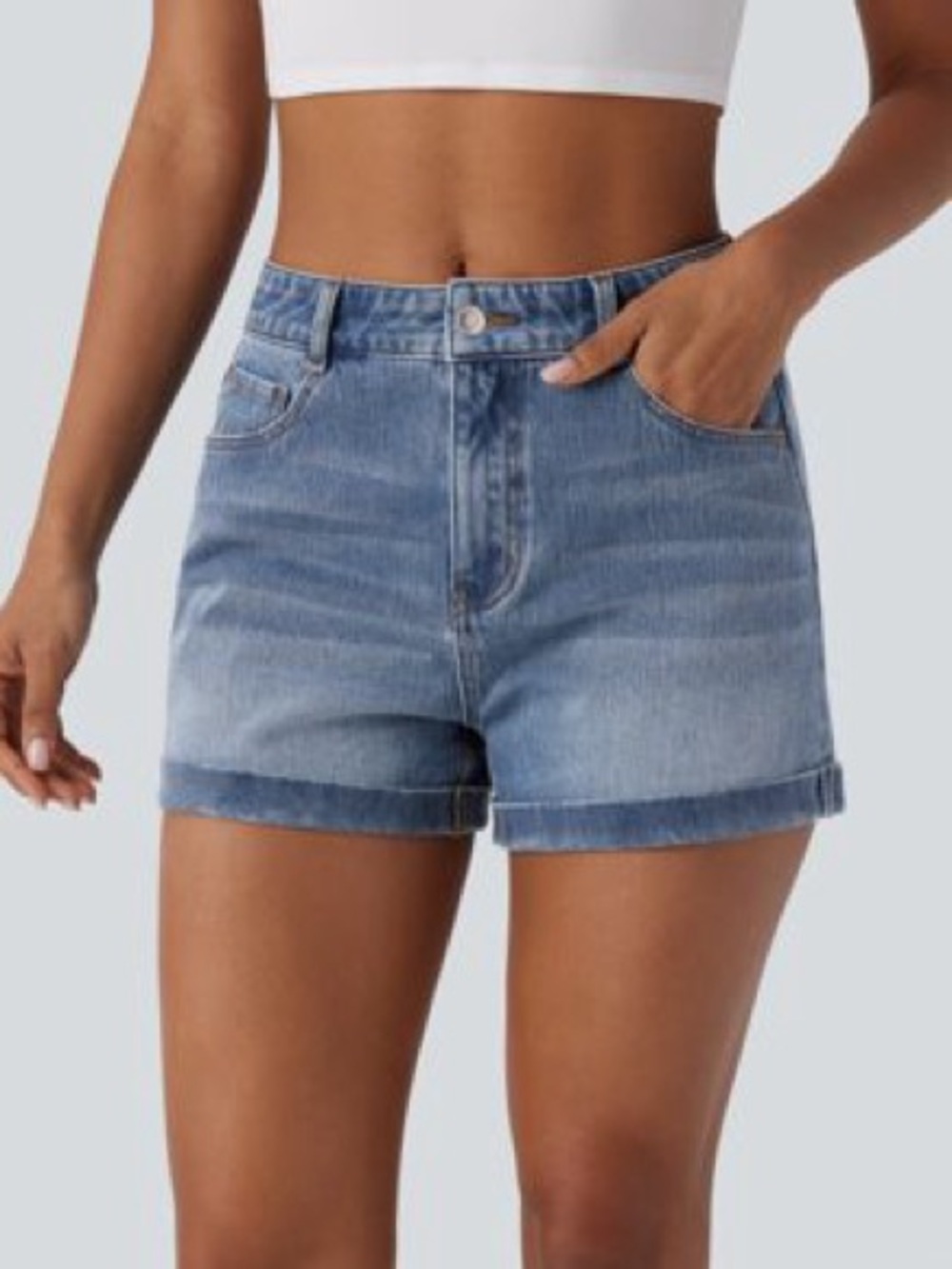 HALARA Mid-Rise Light Blue Rolled-Hem Denim Shorts